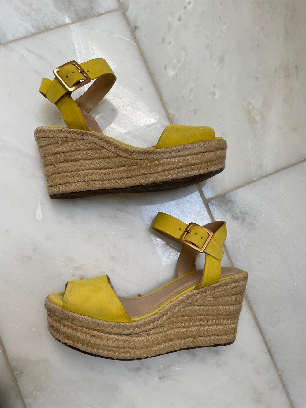 Yellow Suede Espadrille Wedge Sandals with Ankle Buckle